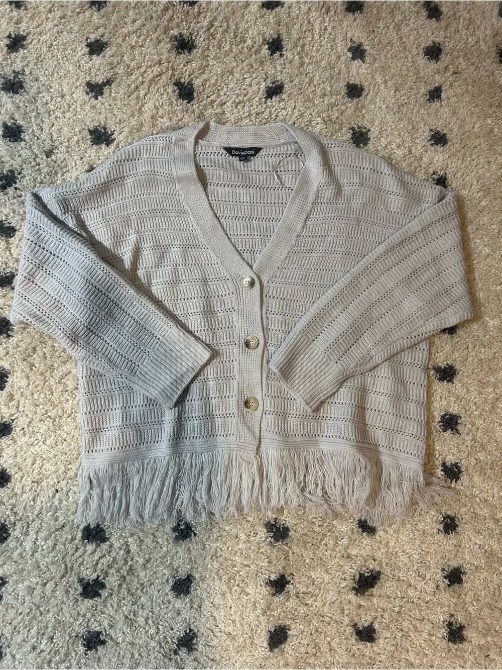 Gray Open-Knit Fringe Button Cardigan
